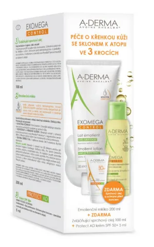 A-Derma Exomega Control Emollient-Milch 200 ml + Emollient-Duschöl 100 ml + Protect AD-Creme 5 ml